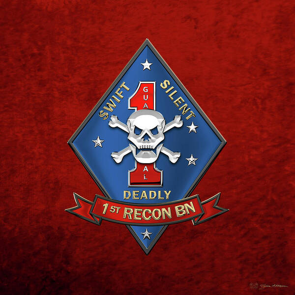 'military Insignia & Heraldry' Collection By Serge Averbukh Poster featuring the digital art U S M C 1st Reconnaissance Battalion - 1st Recon Bn Insignia over Red Velvet by Serge Averbukh