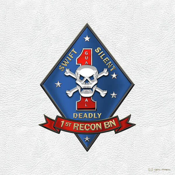 'military Insignia & Heraldry' Collection By Serge Averbukh Poster featuring the digital art U S M C 1st Reconnaissance Battalion - 1st Recon Bn Insignia over White Leather by Serge Averbukh