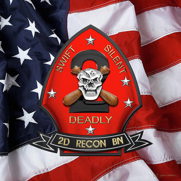 'military Insignia & Heraldry' Collection By Serge Averbukh Poster featuring the digital art U S M C 2nd Reconnaissance Battalion - 2nd Recon Bn Insignia over American Flag by Serge Averbukh