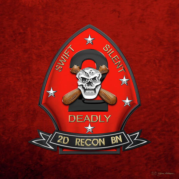 'military Insignia & Heraldry' Collection By Serge Averbukh Poster featuring the digital art U S M C 2nd Reconnaissance Battalion - 2nd Recon Bn Insignia over Red Velvet by Serge Averbukh