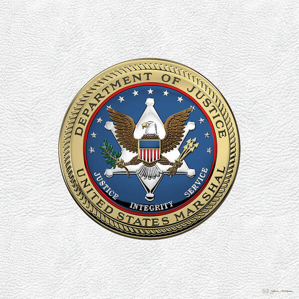 'law Enforcement Insignia & Heraldry' Collection By Serge Averbukh Poster featuring the digital art U. S. Marshals Service - U S M S Seal over White Leather by Serge Averbukh