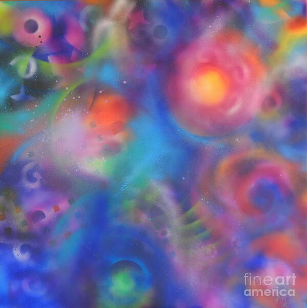  36x36 Acrylic Spray Painted Canvas .abstract Expressionist Painting.etherial Colors .blue Dominates .orbs Of Pink And Orange And Green Hazy Veils Of Color Floating Spirals.original 2.11.14 Poster featuring the painting Universal salvage by Priscilla Batzell Expressionist Art Studio Gallery