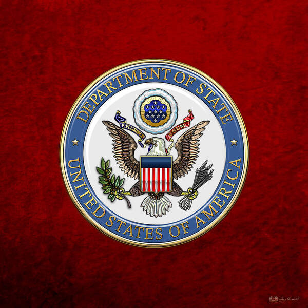 'military Insignia & Heraldry 3d' Collection By Serge Averbukh Poster featuring the digital art U. S. Department of State - DoS Emblem over Red Velvet by Serge Averbukh