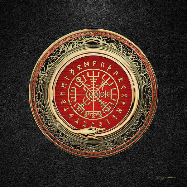 'viking Treasures' By Serge Averbukh Poster featuring the digital art Vegvisir - A Gold Magic Viking Runic Compass on Black Leather by Serge Averbukh