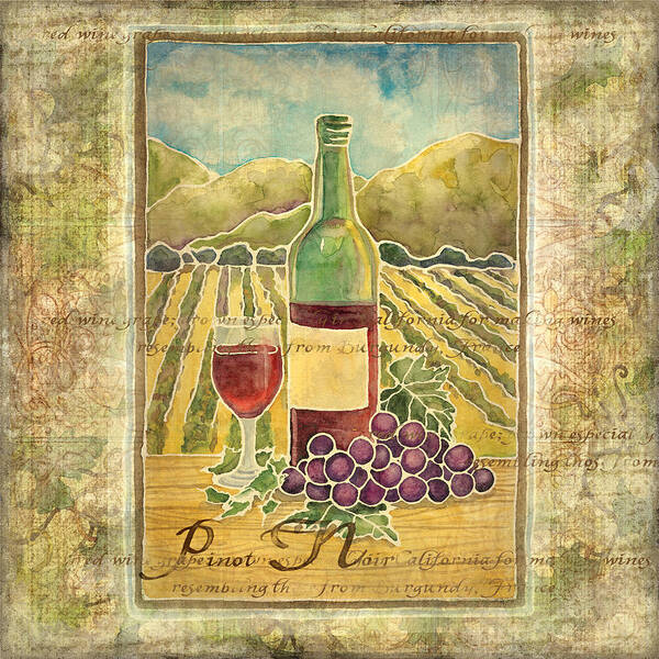 Wine Poster featuring the painting Vineyard Pinot Noir Grapes n Wine - Batik Style by Audrey Jeanne Roberts