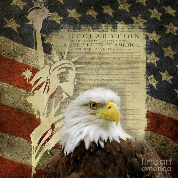 Patriotic Poster featuring the painting Vintage Americana Patriotic Flag Statue of Liberty and Bald Eagle by Audrey Jeanne Roberts