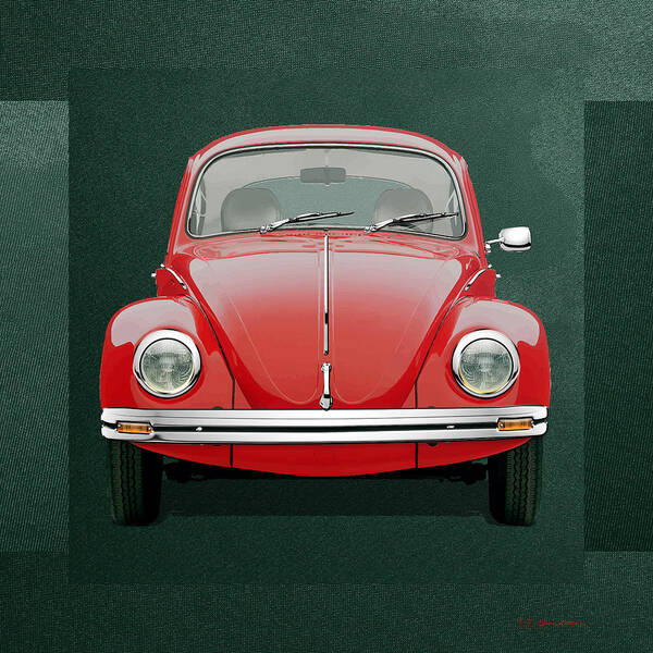 'volkswagen - Bugs And Buses' Collection By Serge Averbukh Poster featuring the digital art Volkswagen Type 1 - Red Volkswagen Beetle on Green Canvas by Serge Averbukh