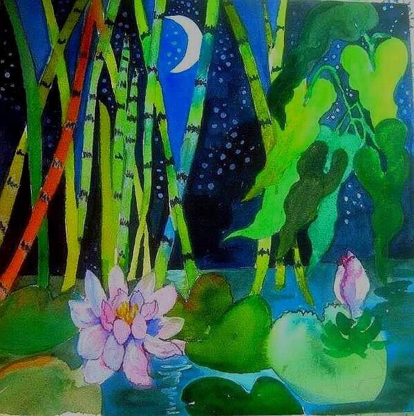 Landscape Poster featuring the painting Waterlillies at Midnight by Esther Woods