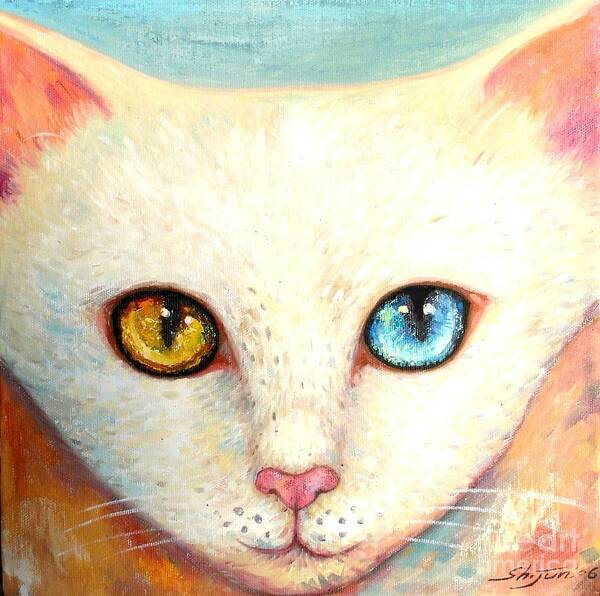 Portrait Poster featuring the painting White Cat by Shijun Munns
