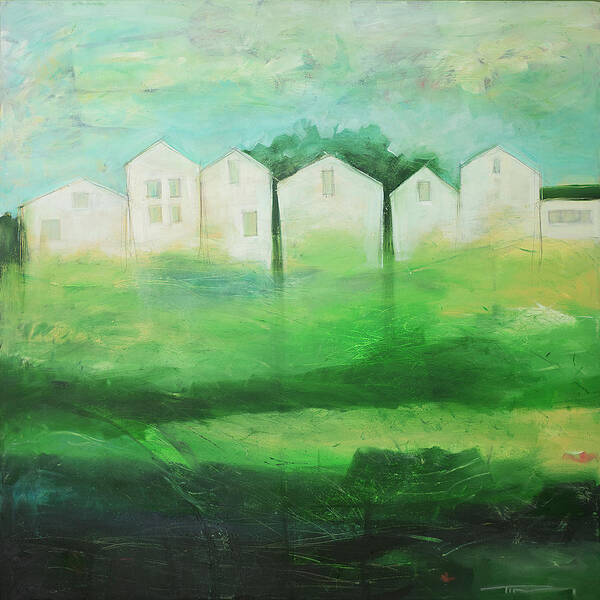 White Poster featuring the painting White Houses in Row by Field by Tim Nyberg