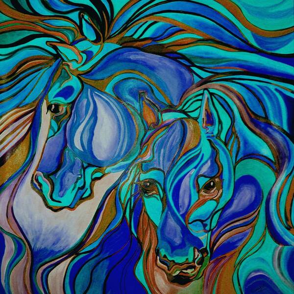 Horse Poster featuring the painting Wild Horses In Brown and Teal by Taiche Acrylic Art