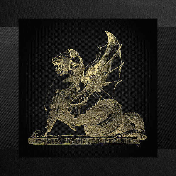 'antique-vintage-retro' Collection By Serge Averbukh Poster featuring the digital art Winged Dragon Chimera from Fontaine Saint-Michel, Paris in Gold on Black by Serge Averbukh