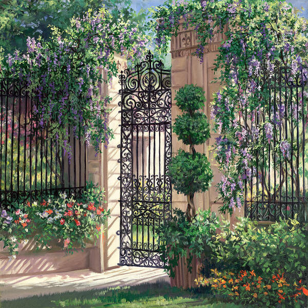 Landscape Poster featuring the painting Wisteria Gate by Laurie Snow Hein