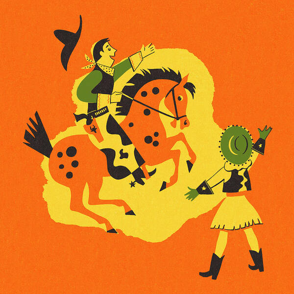 Accessories Poster featuring the drawing Cowgirl and Cowboy on a Horse #1 by CSA Images