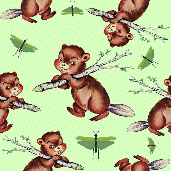 Cute Baby Beaver Pattern Poster featuring the digital art Cute Baby Beaver Pattern #1 by Tina Lavoie