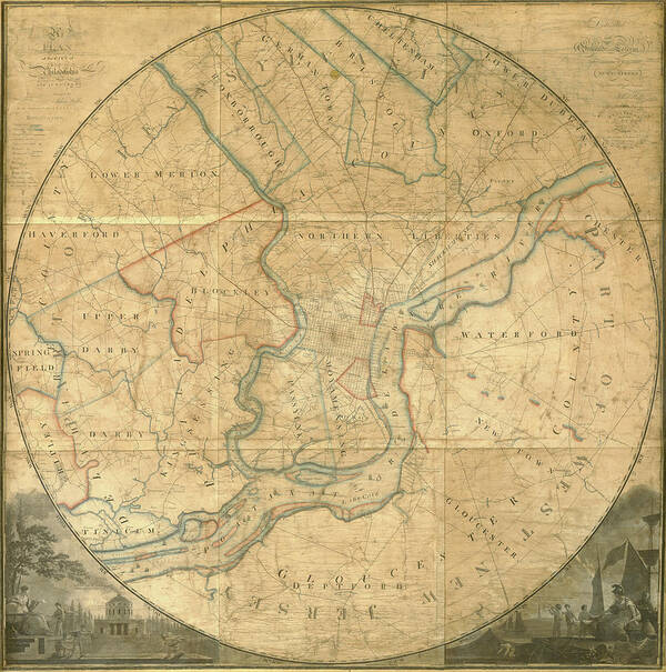 Map Poster featuring the mixed media A plan of the City of Philadelphia and Environs, 1808-1811 by John Hills