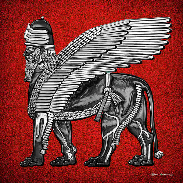 Treasures Of Mesopotamia Collection By Serge Averbukh Poster featuring the digital art Assyrian Winged Lion - Silver and Black Lamassu over Red Leather by Serge Averbukh