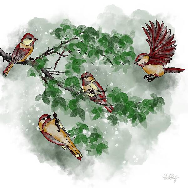 Birds Poster featuring the painting Birds on the tree branch by Patricia Piotrak