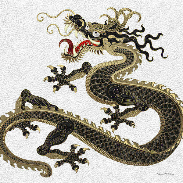 ‘the Great Dragon Spirits’ Collection By Serge Averbukh Poster featuring the digital art Black and Gold Sacred Eastern Dragon over White Leather by Serge Averbukh