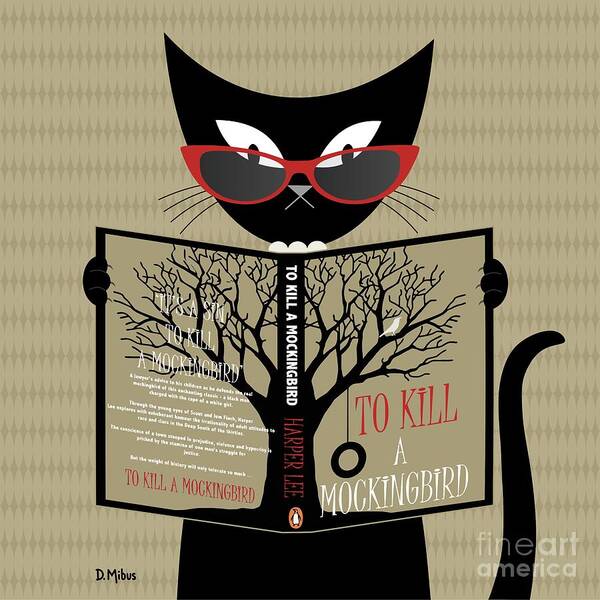 Mid Century Modern Poster featuring the digital art Black Cat Reading by Donna Mibus