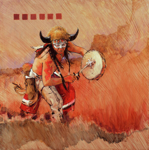 Indian Doing Native American Dance With Drum Poster featuring the painting Buffalo Dance by J. E. Knauf