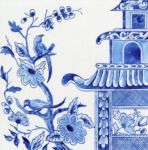 Chinoiserie Poster featuring the painting Chinoiserie Blue and White Birds in Flowering Tree and Pagoda by Audrey Jeanne Roberts