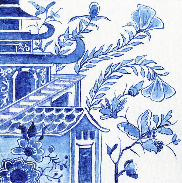 Chinoiserie Poster featuring the painting Chinoiserie Blue and White Pagoda Floral 1 by Audrey Jeanne Roberts