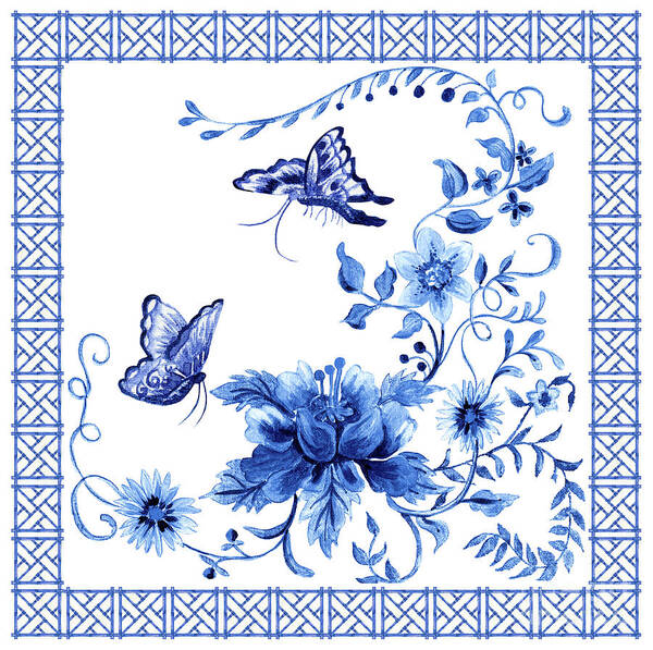 Butterflies Poster featuring the painting Chinoiserie Blue and White Pagoda with Stylized Flowers Butterflies and Chinese Chippendale Border by Audrey Jeanne Roberts