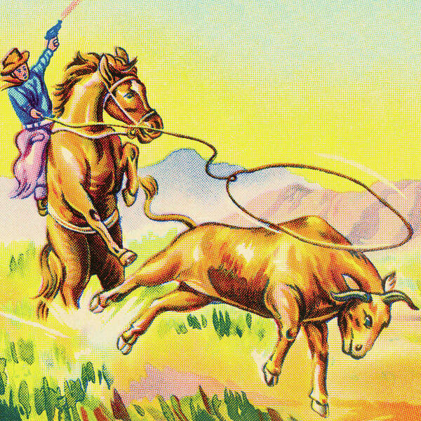 Adult Poster featuring the drawing Cowboy Lassoing a Steer by CSA Images