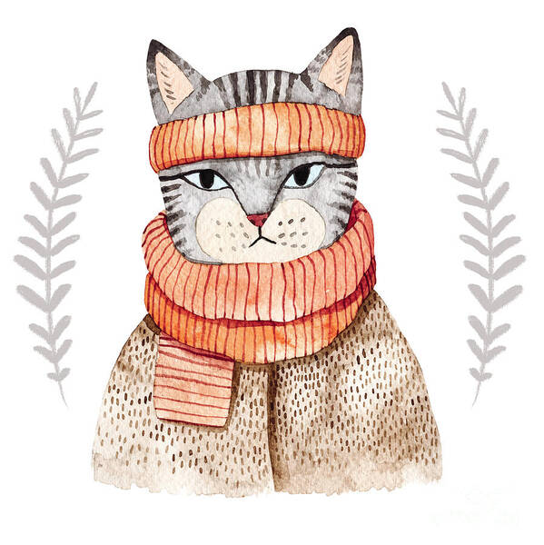 Fur Poster featuring the digital art Cute Cat In Scarf illustration by Maria Sem