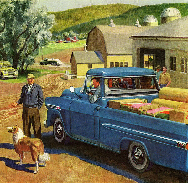 Adult Poster featuring the drawing Farm Scene With Blue Vintage Truck by CSA Images