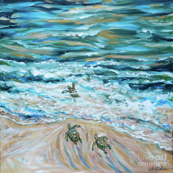 Sea Turtles Poster featuring the photograph First Plunge Baby Sea Turtles by Linda Olsen