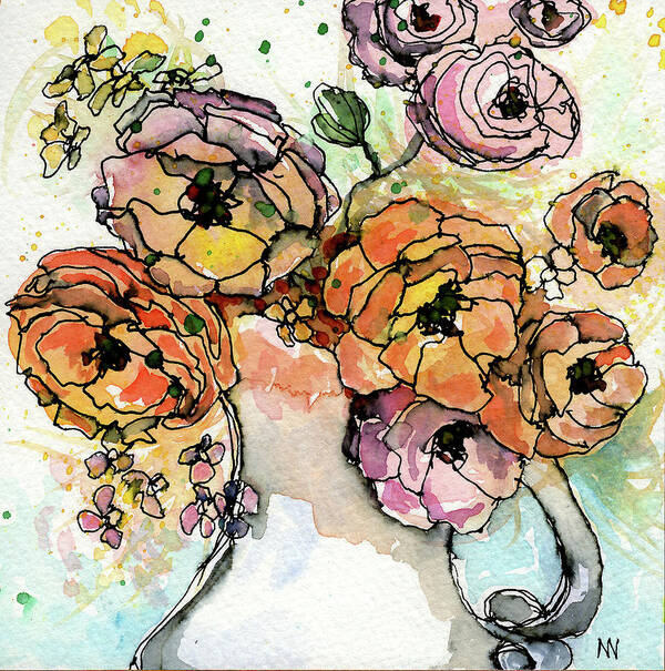 Watercolor Poster featuring the painting Flowers in Pitcher by AnneMarie Welsh