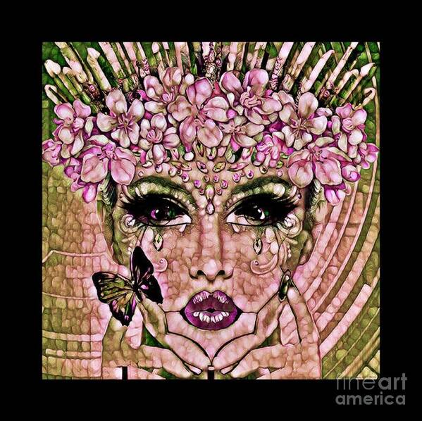 Original Composition By Breenabriggemanart ©2019 Future Sci-fi Fantasy Artificial Intelligence Robot Eve Flower Butterfly Lips Pucker Up Bejeweled Bright Colorful Whimsical Charming Cheerful Contemporary Modern Art Wall Canvas Acrylic Painting Prints Wood Metal Tote Bags Yoga Mats Framed Giclee Gallery Black Border No Frame Needed Square Format Crown Tears Face Eyes Poster featuring the mixed media Garden of AI II by Breena Briggeman