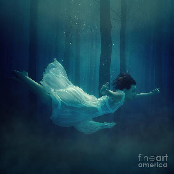 Magic Poster featuring the photograph Girl In Dress Flying In The Fog by Dmitry Laudin