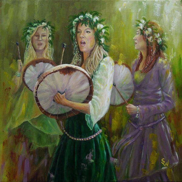 Impressionism Poster featuring the painting Goddess Drummers by Shirley Wellstead