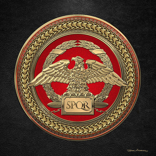 ‘treasures Of Rome’ Collection By Serge Averbukh Poster featuring the digital art Gold Roman Imperial Eagle over Red and Gold Medallion on Black Leather by Serge Averbukh