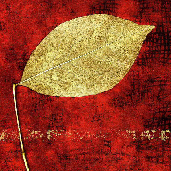 Leaf Poster featuring the mixed media Golden Leaf on Bright Red Paper Square by Carol Leigh