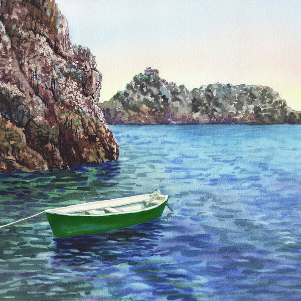 Green Boat Poster featuring the painting Green Boat Blue Sea Safe Harbor Watercolor by Irina Sztukowski