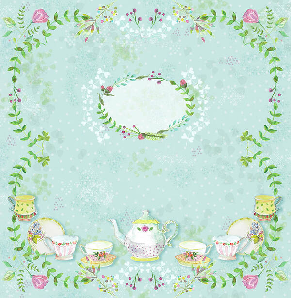 Green Tea Cups Frame Poster featuring the digital art Green Tea Cups Frame by Gal Designs