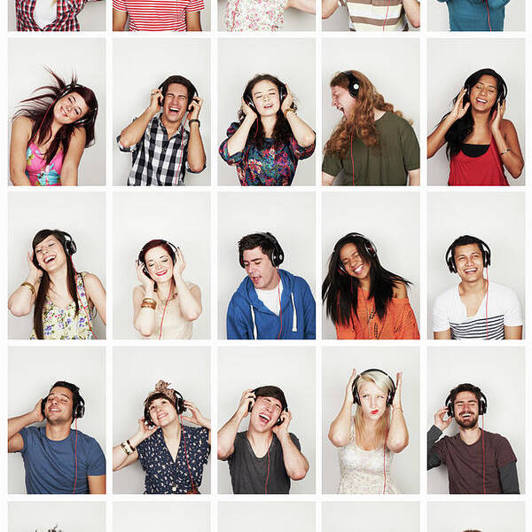Young Men Poster featuring the photograph Group Of People Listening To Headphones by Flashpop