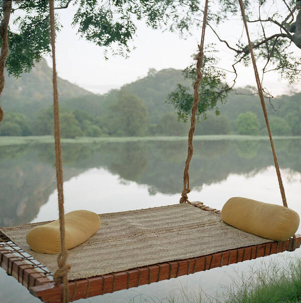 Tranquility Poster featuring the photograph Hammock On Tree By Still Rural Lake by Laurie Castelli