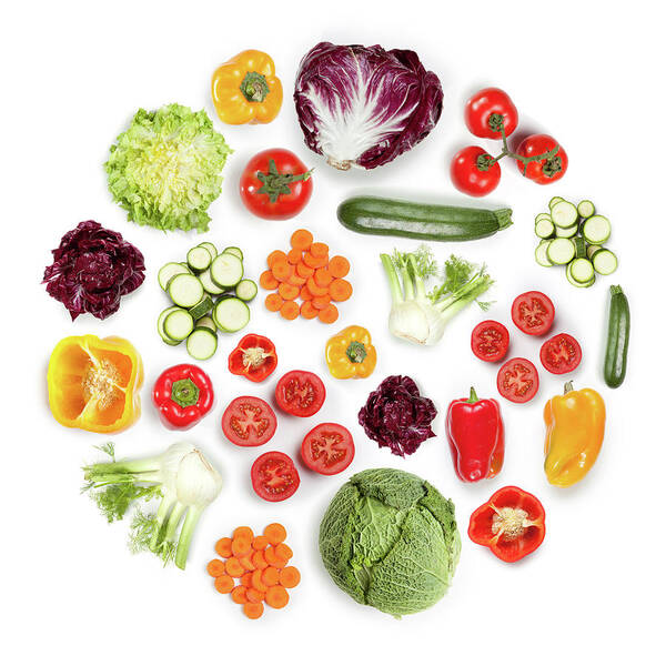 White Background Poster featuring the photograph Healthy Fruits And Vegetables In Round by Maxiphoto