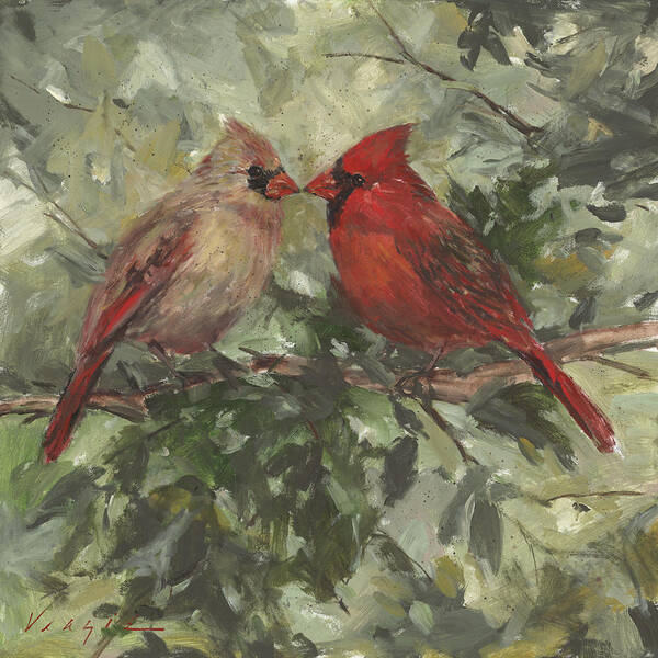 Kissing Cardinals Poster featuring the painting Kissing Cardinals by Mary Miller Veazie