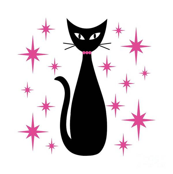 Mid Century Modern Poster featuring the digital art Mid Century Cat with Pink Starbursts by Donna Mibus