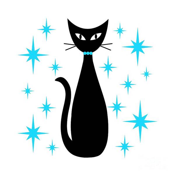 Mid Century Modern Poster featuring the digital art Mid Century Cat with Turquoise Starbursts by Donna Mibus