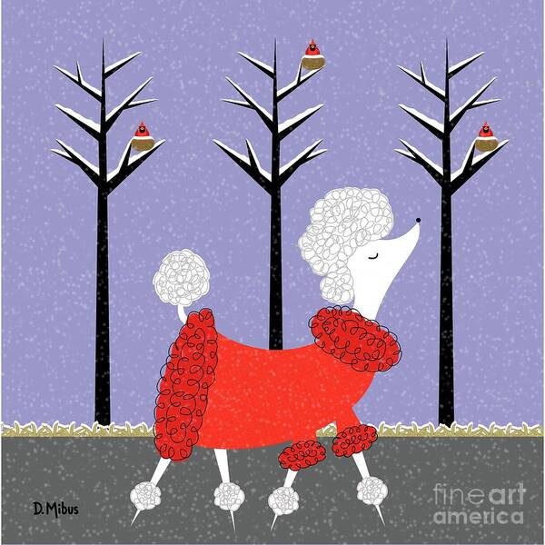 Mid Century Modern Poster featuring the digital art Mid Century White Poodle Winter by Donna Mibus