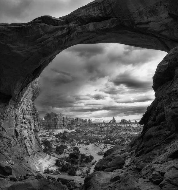 Arches Poster featuring the photograph Moody Day At Double Arch by Owen Weber