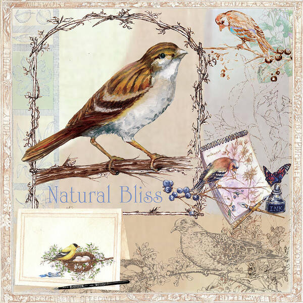 Natural Bliss Birds-tan-blue Poster featuring the mixed media Natural Bliss Birds-tan-blue by Sher Sester
