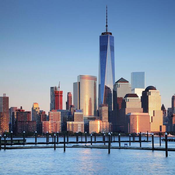 Estock Poster featuring the digital art New York City, Manhattan, Lower Manhattan, One World Trade Center, Freedom Tower, Manhattan View Of The New York Skyline And The One World Trade Center From New Jersey At Sunset by Alessandra Albanese